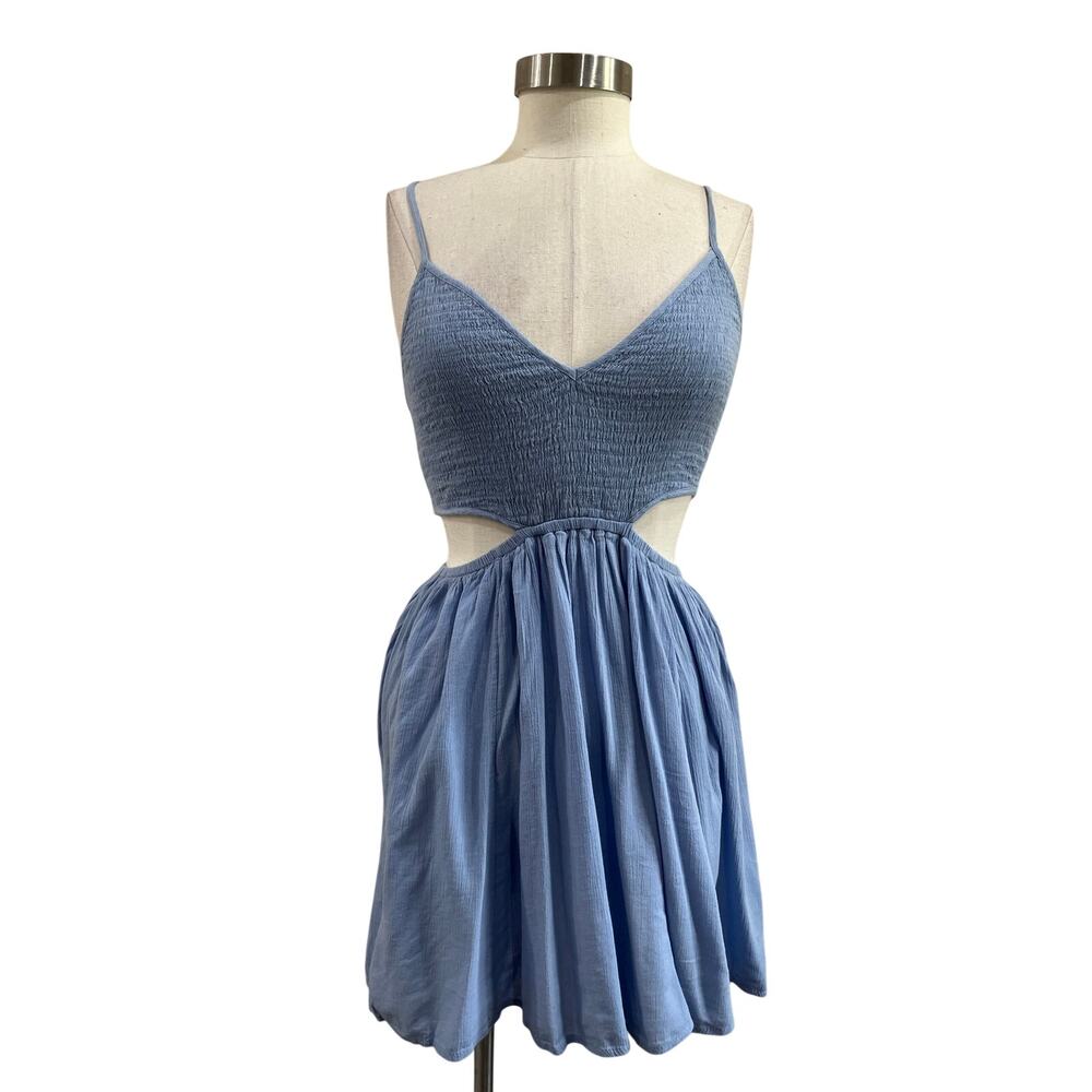 Aerie Blue Smocked Mini Dress Cutout Cotton Blend Casual Size Medium